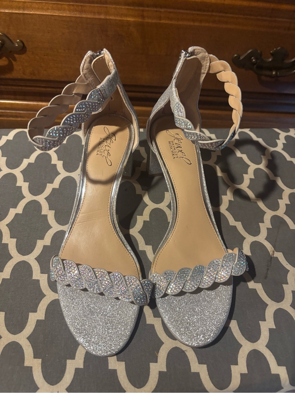Badgley Mischka Silver Glitter Braided Ankle Strap heels